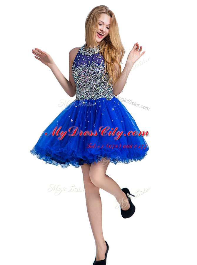 Scoop Mini Length Royal Blue Prom Dresses Tulle Sleeveless Beading