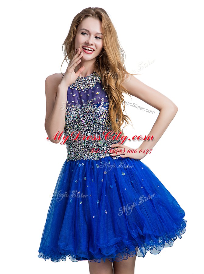 Scoop Mini Length Royal Blue Prom Dresses Tulle Sleeveless Beading