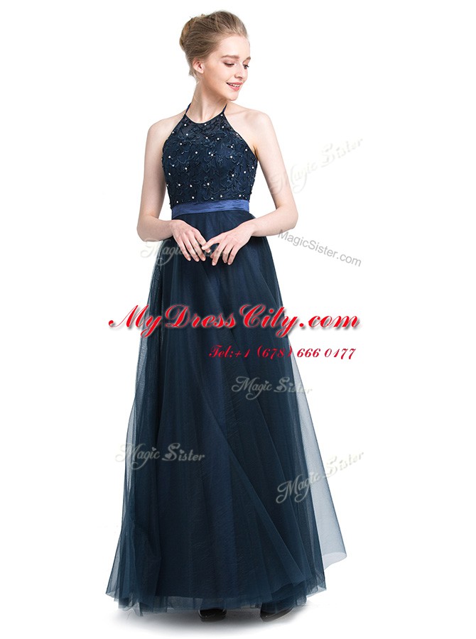 Navy Blue Empire Halter Top Sleeveless Tulle Floor Length Zipper Beading Prom Dresses