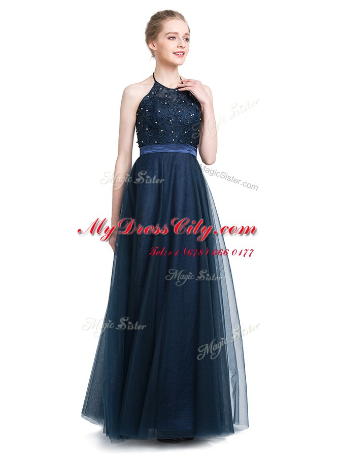 Navy Blue Empire Halter Top Sleeveless Tulle Floor Length Zipper Beading Prom Dresses