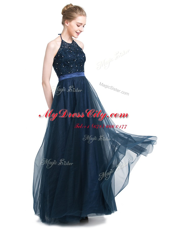 Navy Blue Empire Halter Top Sleeveless Tulle Floor Length Zipper Beading Prom Dresses