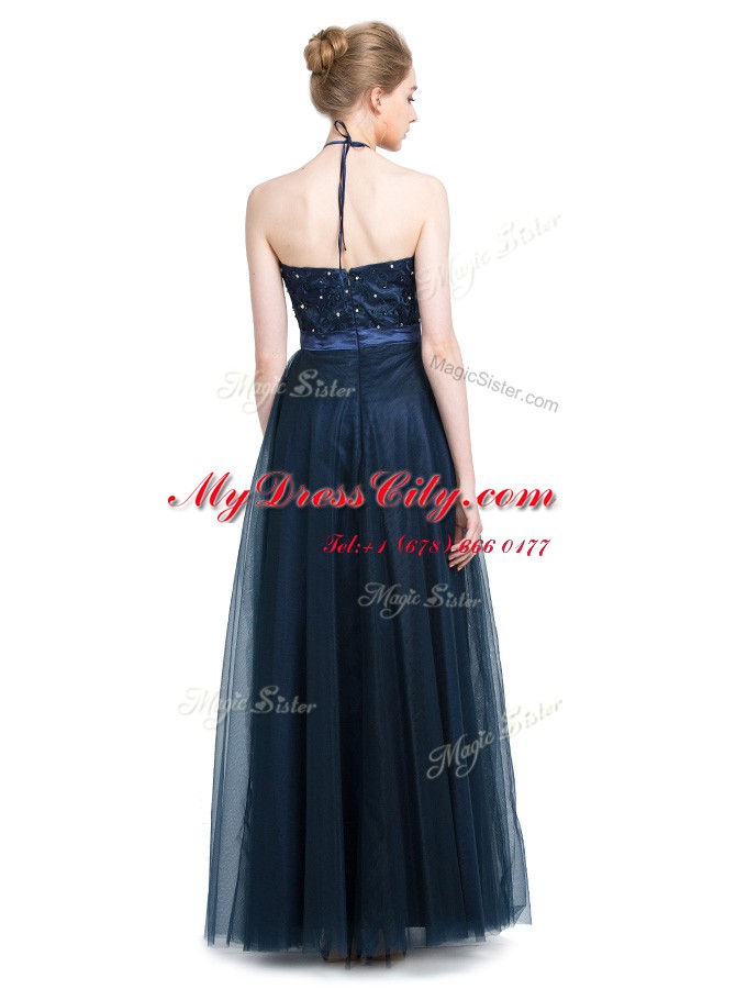 Navy Blue Empire Halter Top Sleeveless Tulle Floor Length Zipper Beading Prom Dresses