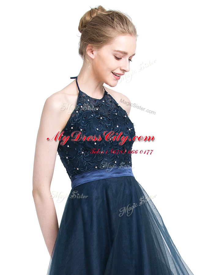 Navy Blue Empire Halter Top Sleeveless Tulle Floor Length Zipper Beading Prom Dresses