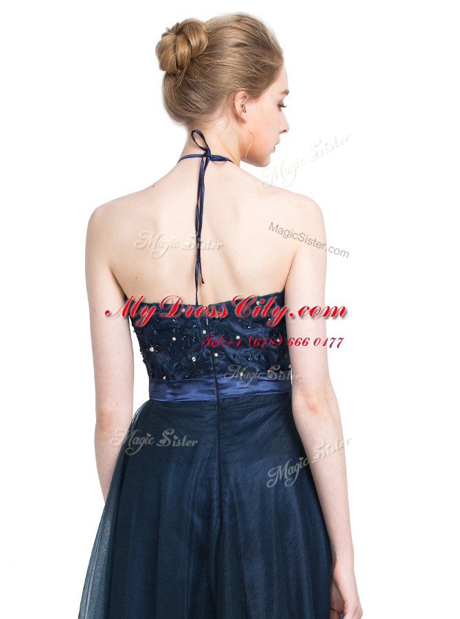 Navy Blue Empire Halter Top Sleeveless Tulle Floor Length Zipper Beading Prom Dresses