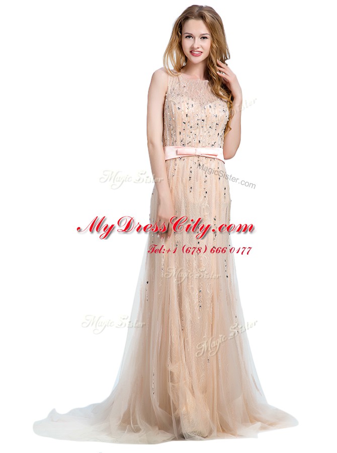 Fancy Scoop Tulle Sleeveless With Train Evening Dress Brush Train and Beading