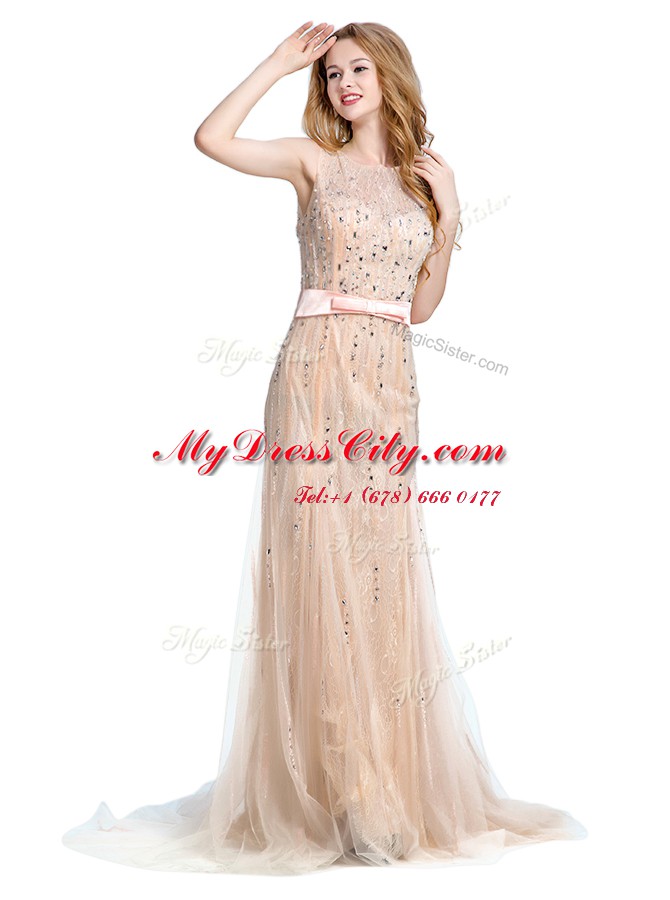 Fancy Scoop Tulle Sleeveless With Train Evening Dress Brush Train and Beading