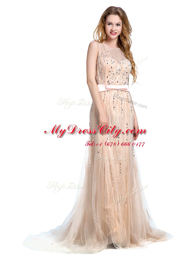 Fancy Scoop Tulle Sleeveless With Train Evening Dress Brush Train and Beading