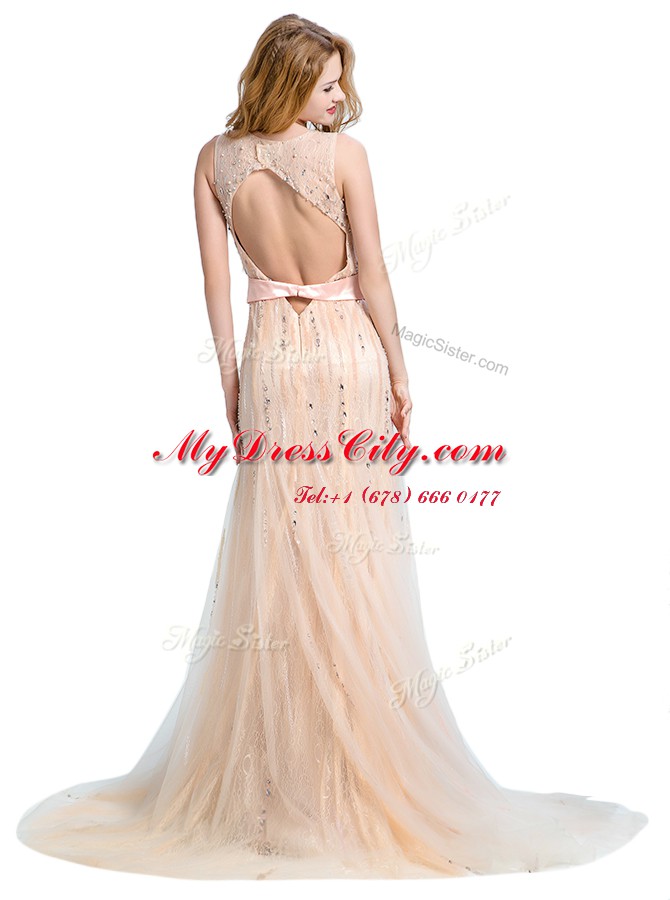 Fancy Scoop Tulle Sleeveless With Train Evening Dress Brush Train and Beading