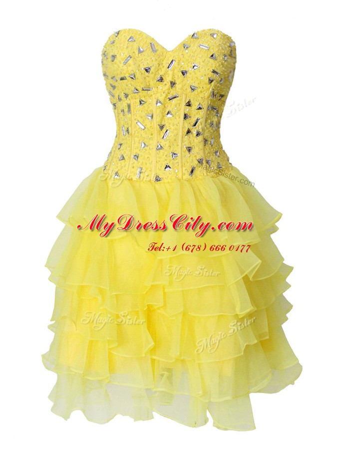 Enchanting Mini Length Yellow Prom Party Dress Chiffon Sleeveless Beading and Ruffled Layers