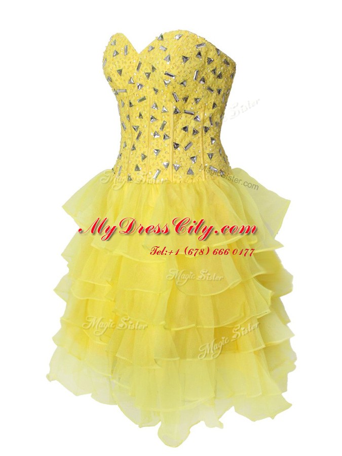 Enchanting Mini Length Yellow Prom Party Dress Chiffon Sleeveless Beading and Ruffled Layers