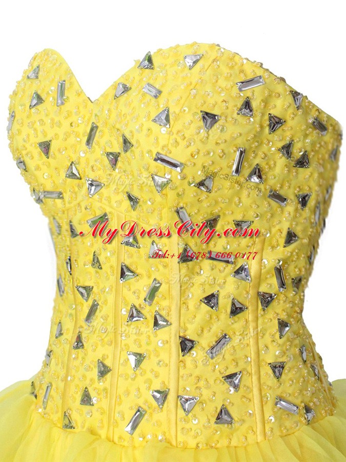 Enchanting Mini Length Yellow Prom Party Dress Chiffon Sleeveless Beading and Ruffled Layers