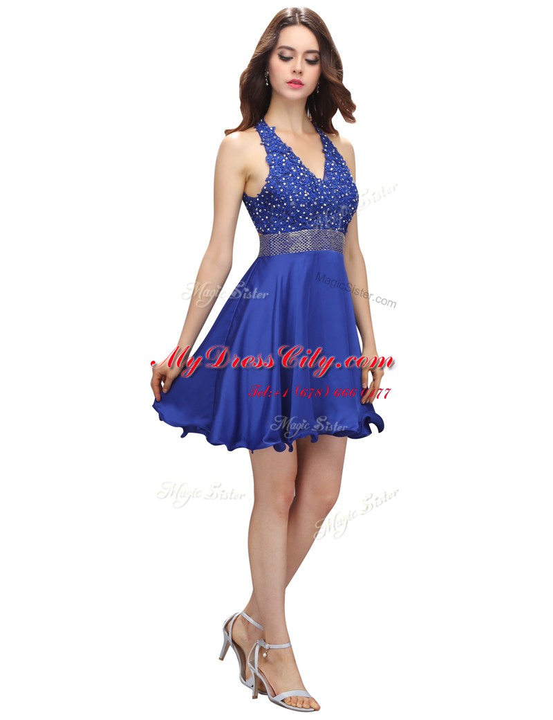 Royal Blue Sleeveless Mini Length Beading and Belt Criss Cross Prom Party Dress