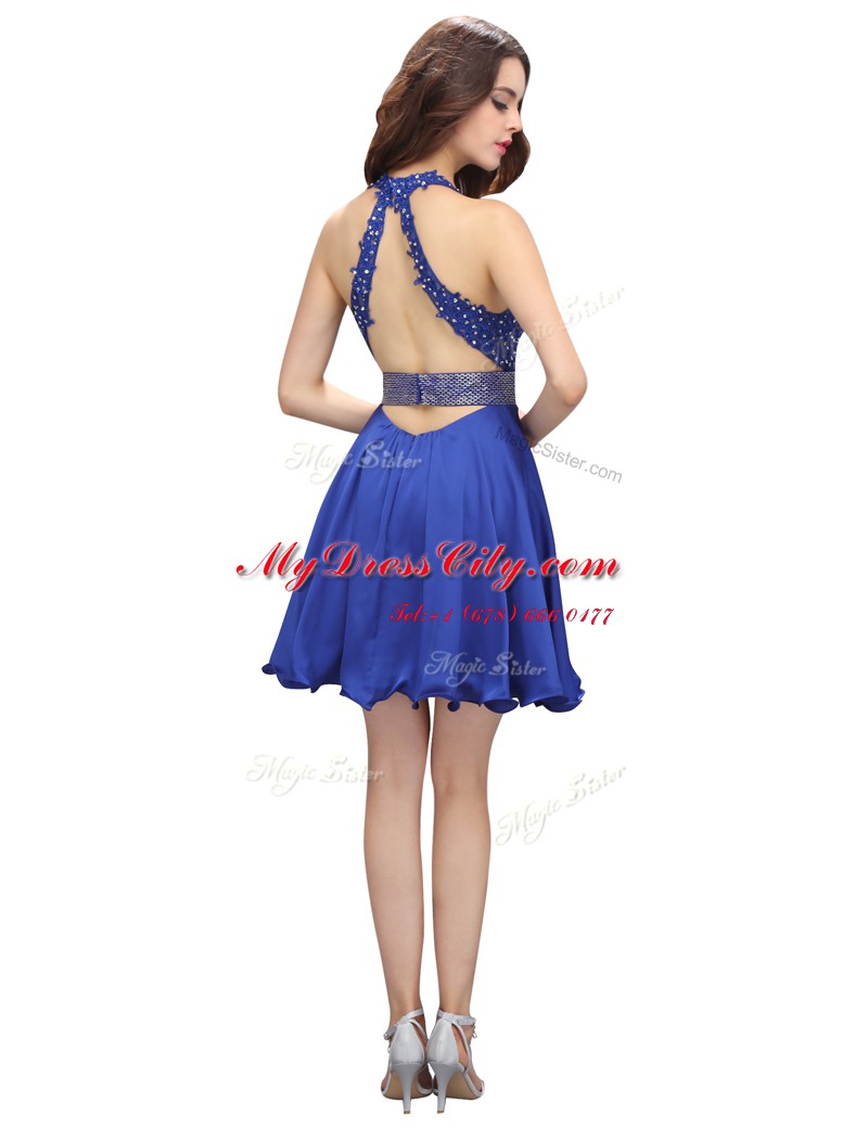 Royal Blue Sleeveless Mini Length Beading and Belt Criss Cross Prom Party Dress