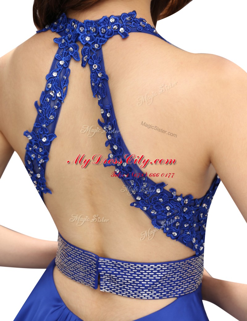 Royal Blue Sleeveless Mini Length Beading and Belt Criss Cross Prom Party Dress