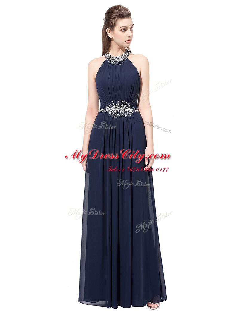 Scoop Sleeveless Floor Length Beading Side Zipper Dress for Prom with Navy Blue