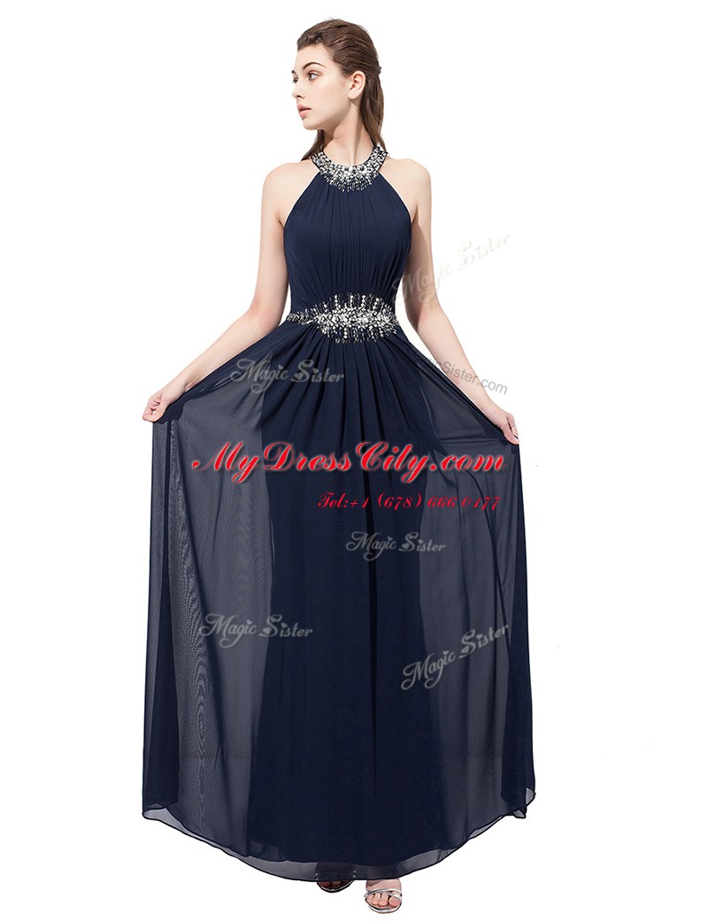 Scoop Sleeveless Floor Length Beading Side Zipper Dress for Prom with Navy Blue