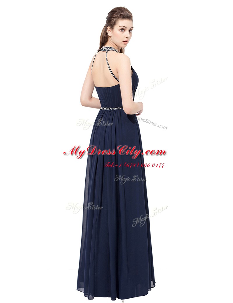 Scoop Sleeveless Floor Length Beading Side Zipper Dress for Prom with Navy Blue