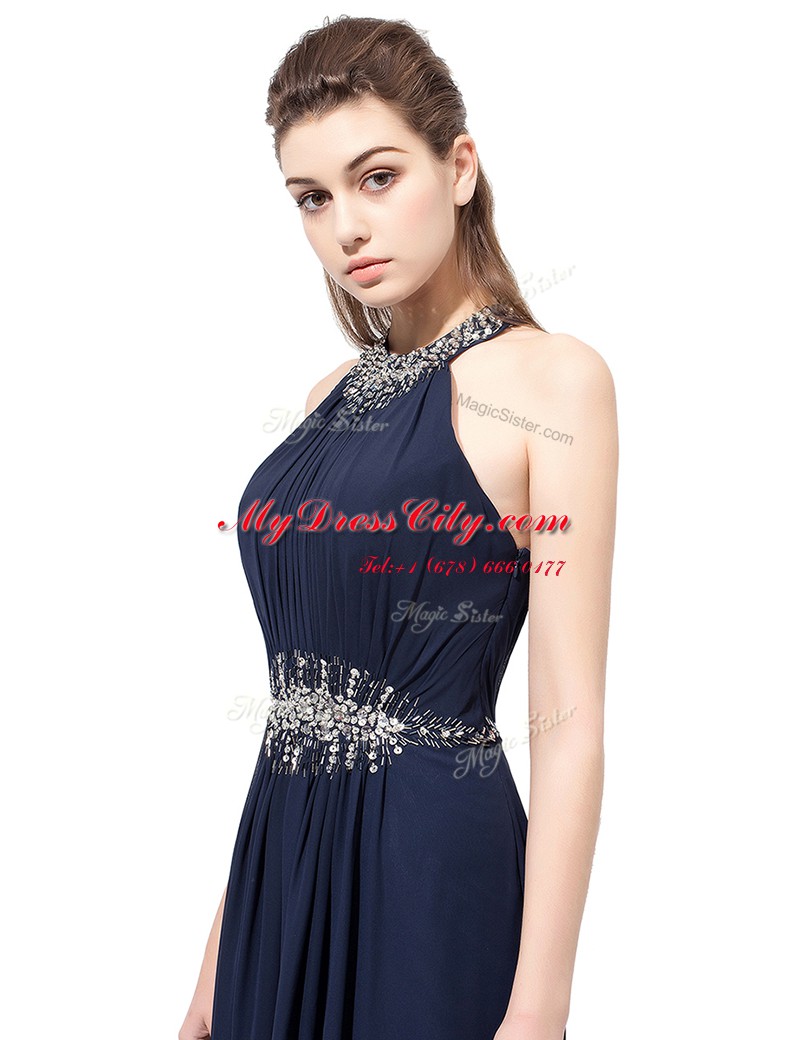 Scoop Sleeveless Floor Length Beading Side Zipper Dress for Prom with Navy Blue