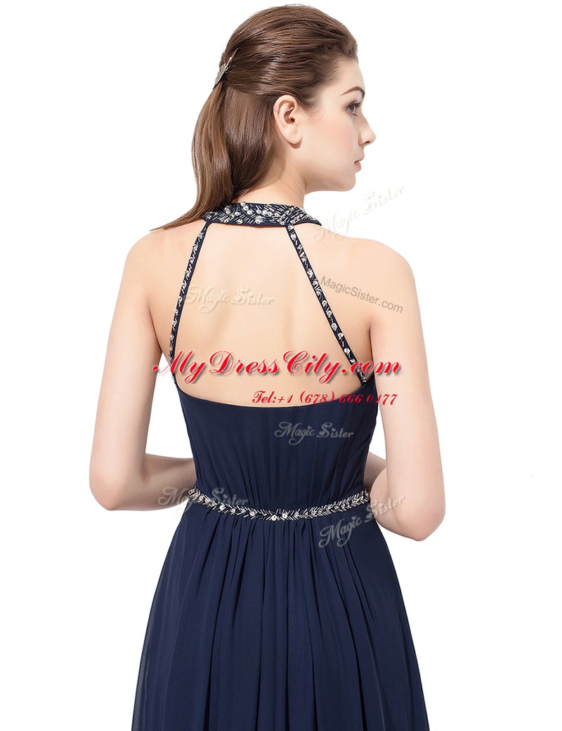 Scoop Sleeveless Floor Length Beading Side Zipper Dress for Prom with Navy Blue