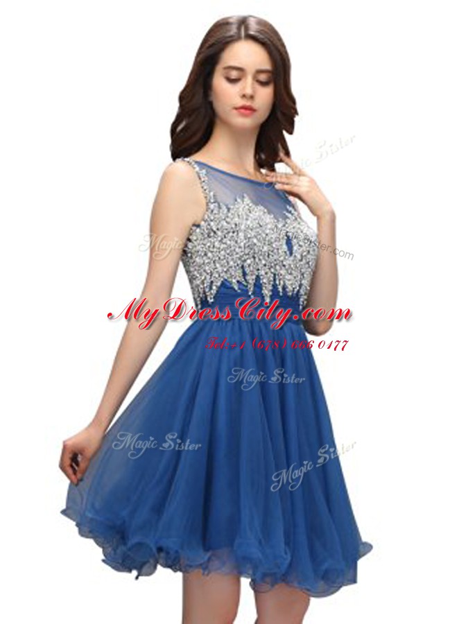 High Class Blue A-line Organza Bateau Sleeveless Beading Knee Length Zipper Prom Gown