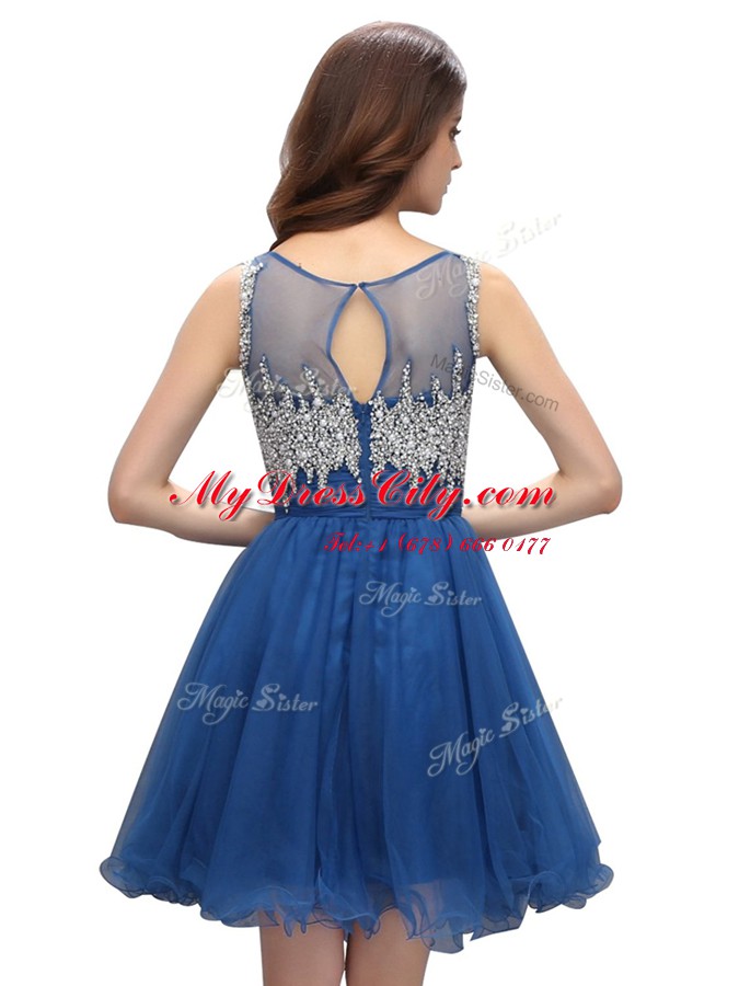 High Class Blue A-line Organza Bateau Sleeveless Beading Knee Length Zipper Prom Gown