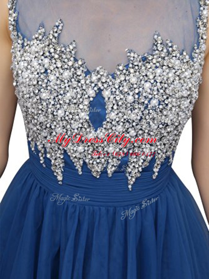 High Class Blue A-line Organza Bateau Sleeveless Beading Knee Length Zipper Prom Gown