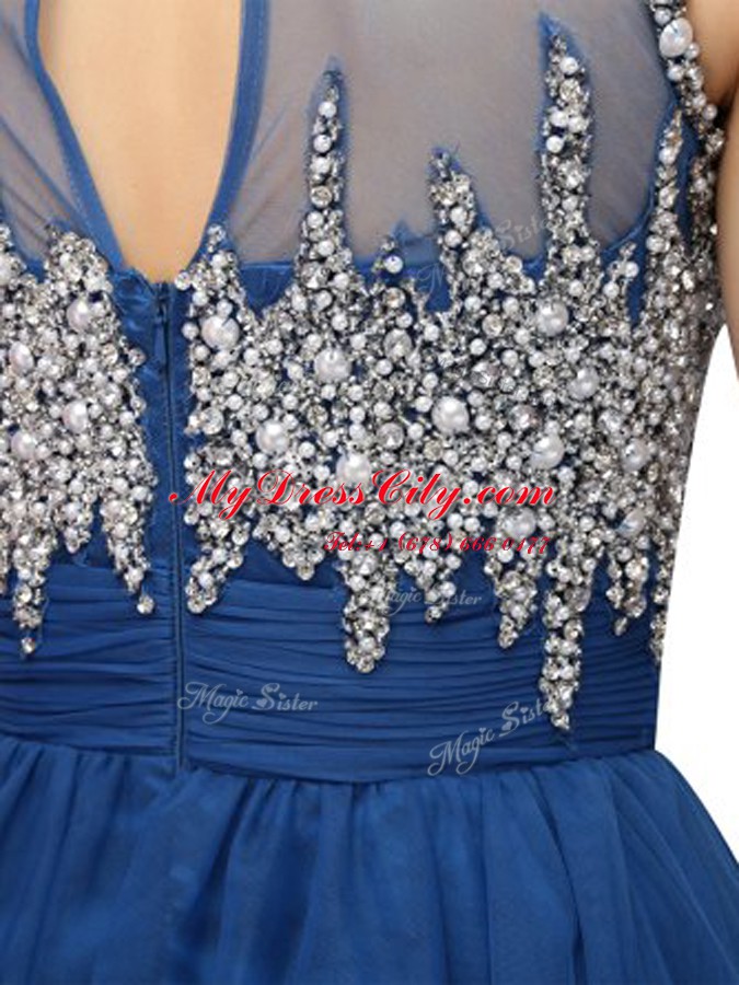 High Class Blue A-line Organza Bateau Sleeveless Beading Knee Length Zipper Prom Gown