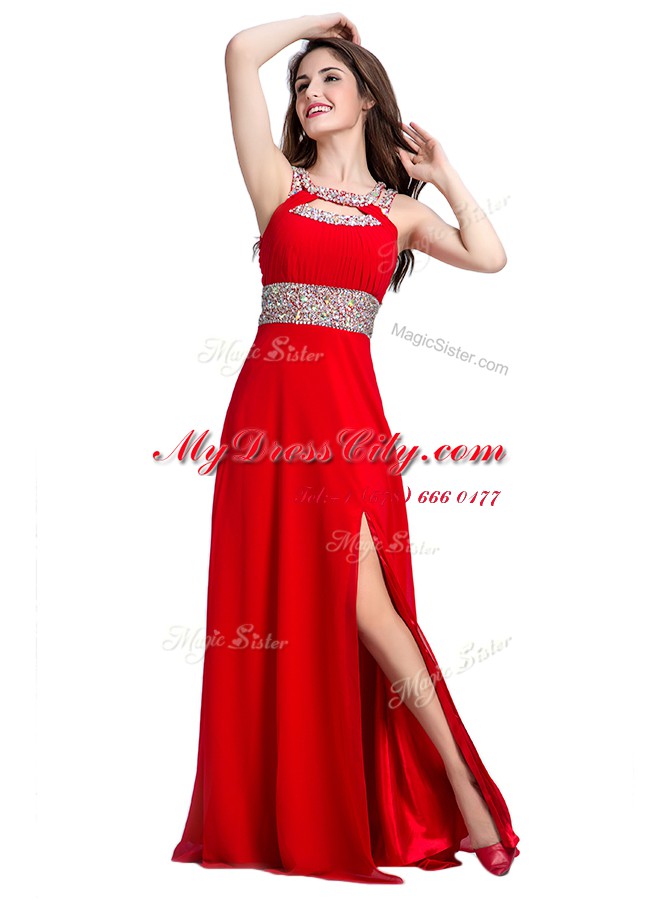 Red Sleeveless Silk Like Satin Zipper Prom Dress for Prom and Party