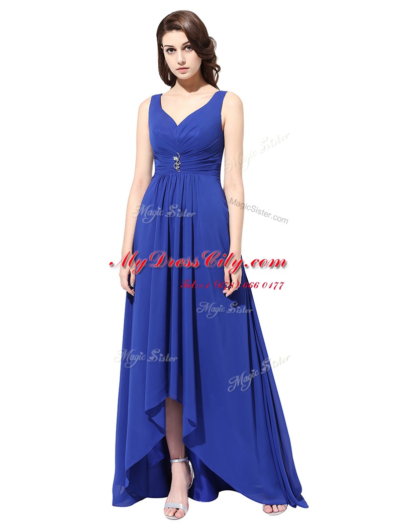 With Train Royal Blue Prom Evening Gown Chiffon Brush Train Sleeveless Ruching