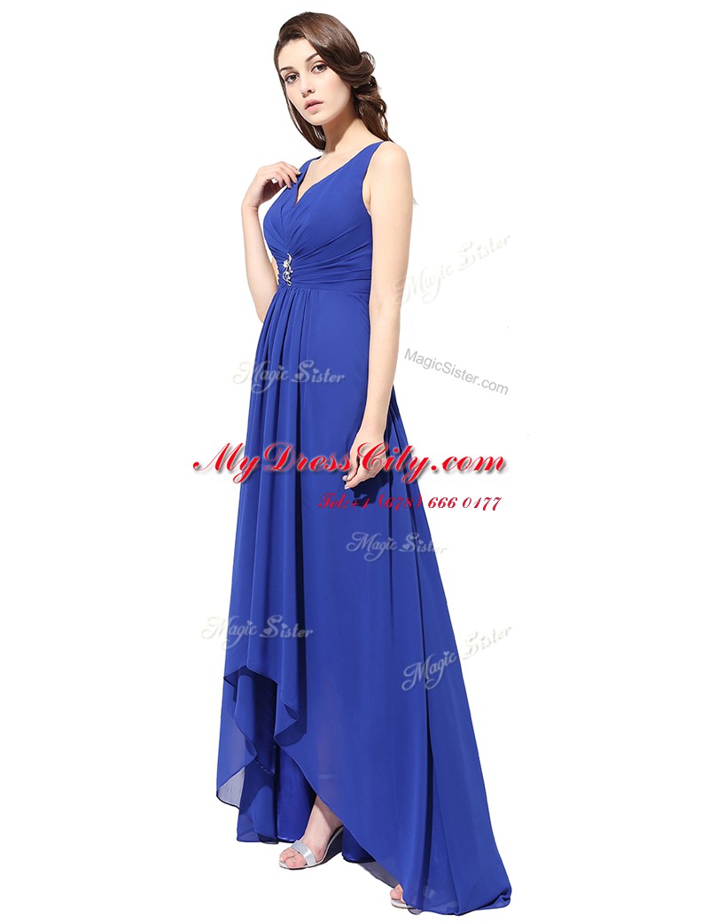 With Train Royal Blue Prom Evening Gown Chiffon Brush Train Sleeveless Ruching