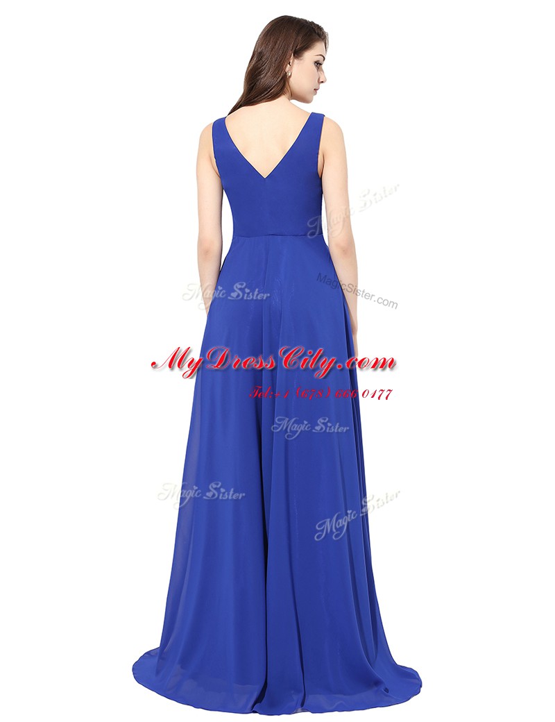 With Train Royal Blue Prom Evening Gown Chiffon Brush Train Sleeveless Ruching