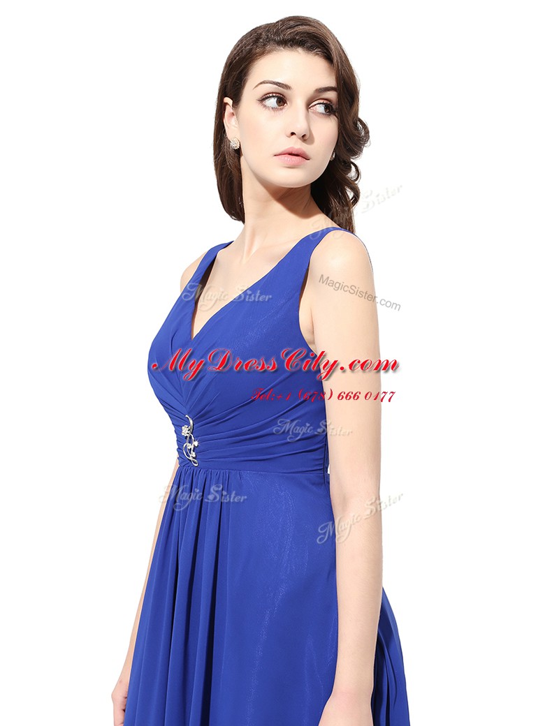 With Train Royal Blue Prom Evening Gown Chiffon Brush Train Sleeveless Ruching