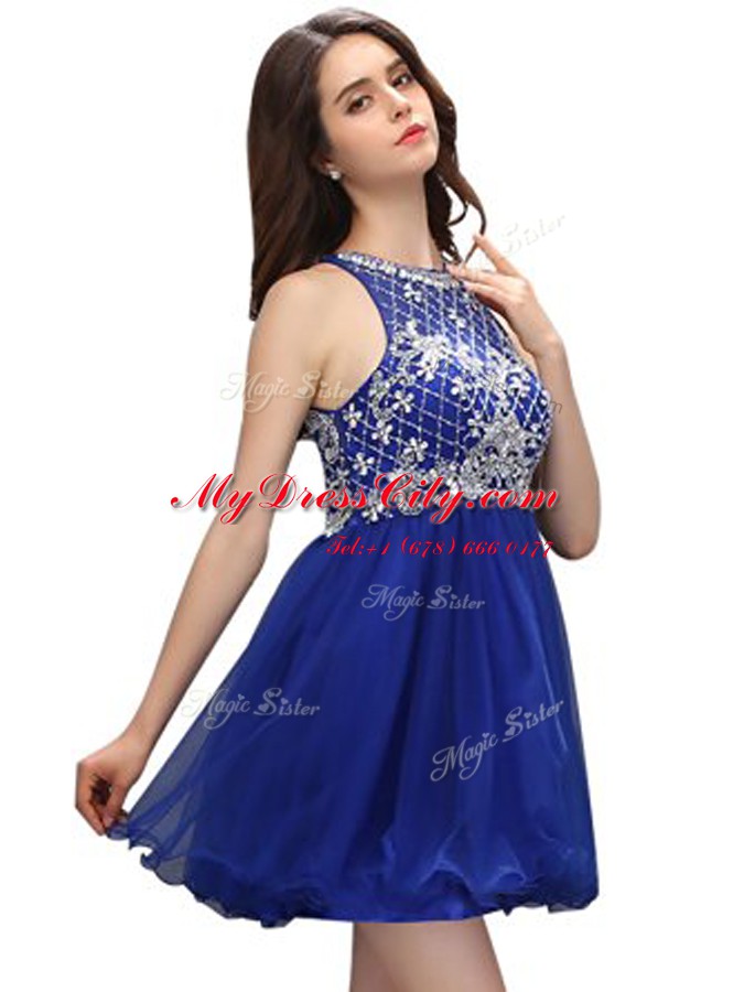 Inexpensive Royal Blue Column/Sheath Organza Scoop Sleeveless Beading Mini Length Zipper Cocktail Dresses