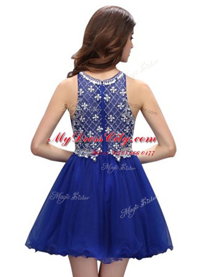 Inexpensive Royal Blue Column/Sheath Organza Scoop Sleeveless Beading Mini Length Zipper Cocktail Dresses