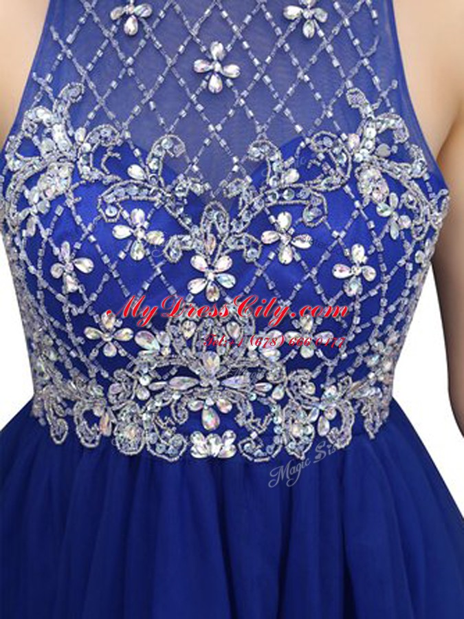 Inexpensive Royal Blue Column/Sheath Organza Scoop Sleeveless Beading Mini Length Zipper Cocktail Dresses