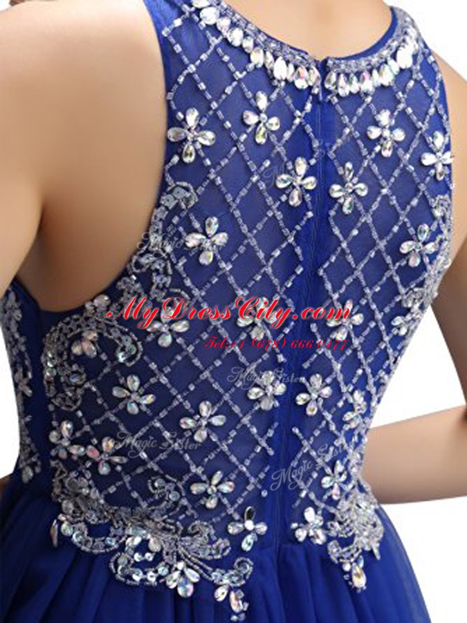 Inexpensive Royal Blue Column/Sheath Organza Scoop Sleeveless Beading Mini Length Zipper Cocktail Dresses