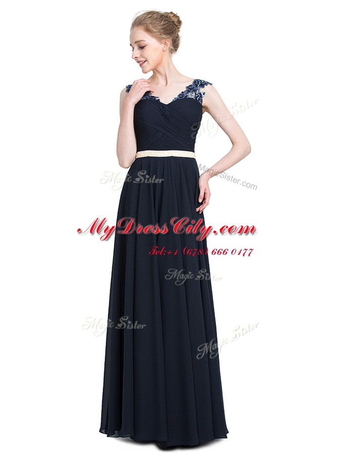 On Sale Navy Blue Chiffon Zipper V-neck Sleeveless Floor Length Beading