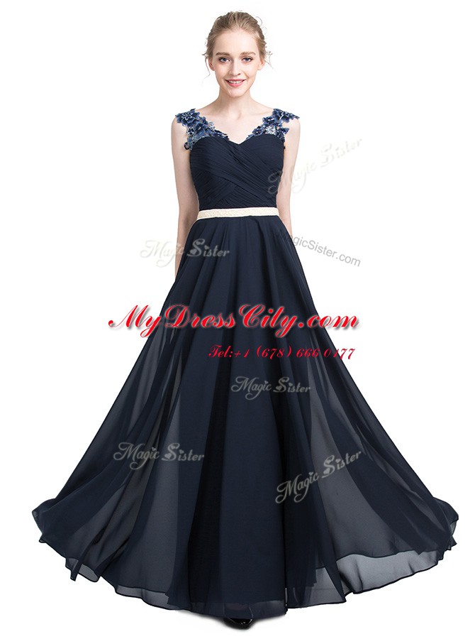 On Sale Navy Blue Chiffon Zipper V-neck Sleeveless Floor Length Beading