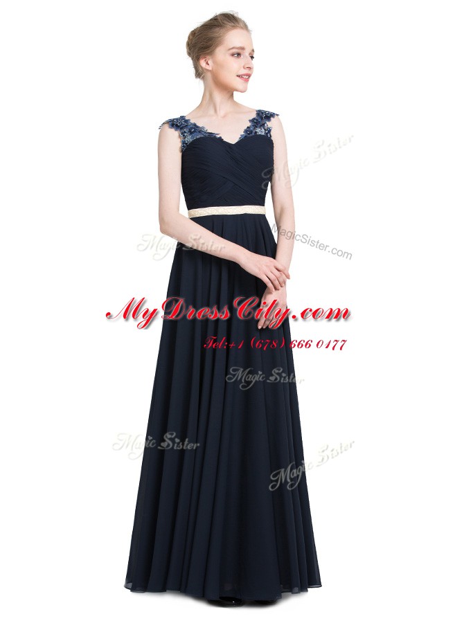 On Sale Navy Blue Chiffon Zipper V-neck Sleeveless Floor Length Beading