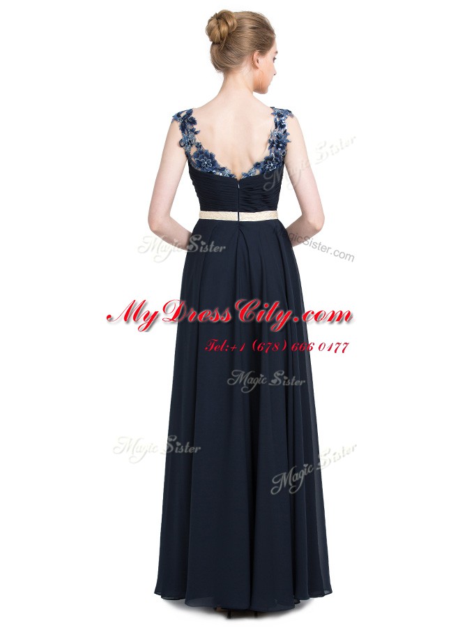 On Sale Navy Blue Chiffon Zipper V-neck Sleeveless Floor Length Beading