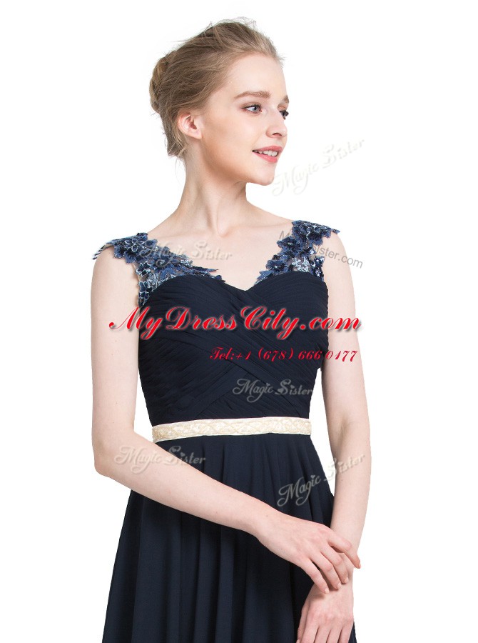 On Sale Navy Blue Chiffon Zipper V-neck Sleeveless Floor Length Beading