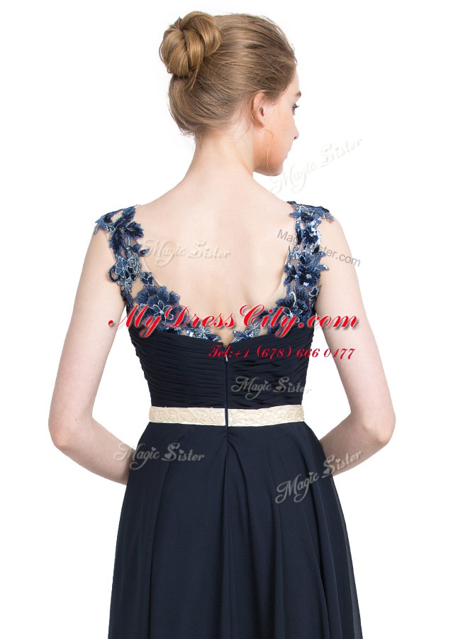 On Sale Navy Blue Chiffon Zipper V-neck Sleeveless Floor Length Beading