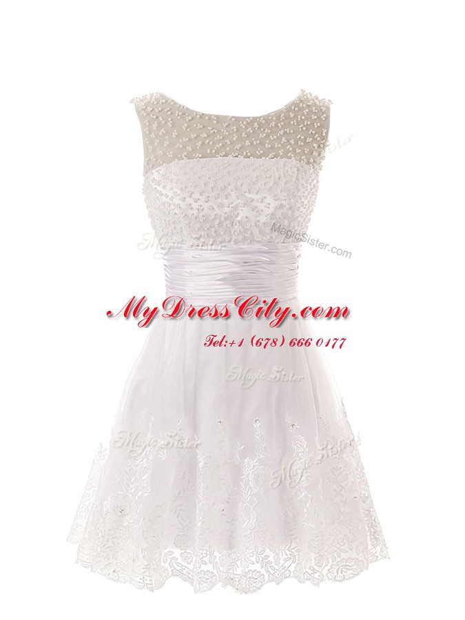 Scoop Sleeveless Lace Mini Length Zipper Teens Party Dress in White with Beading and Lace