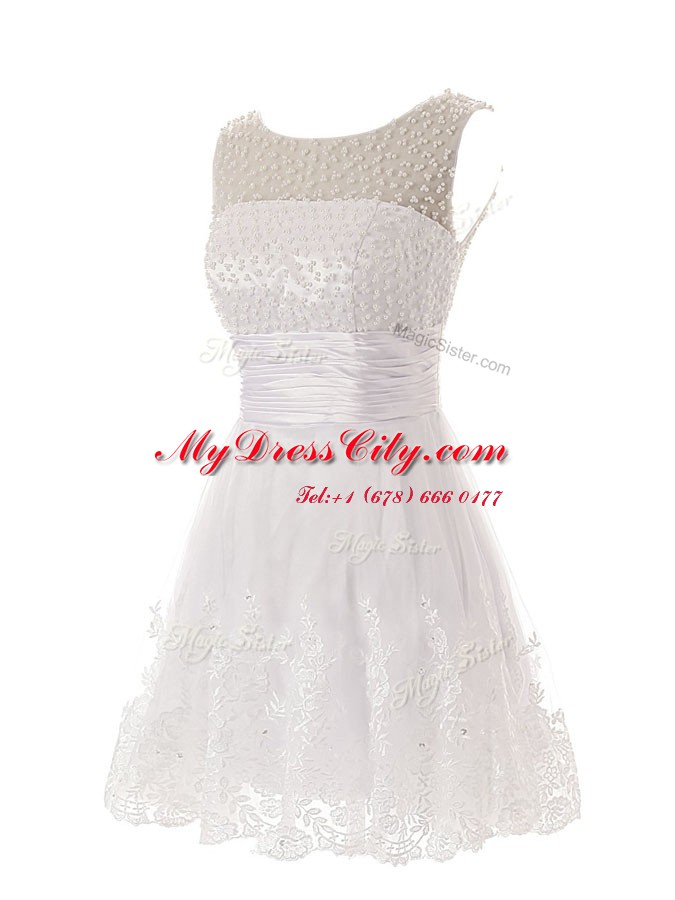 Scoop Sleeveless Lace Mini Length Zipper Teens Party Dress in White with Beading and Lace