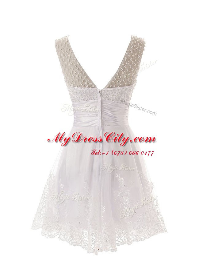 Scoop Sleeveless Lace Mini Length Zipper Teens Party Dress in White with Beading and Lace