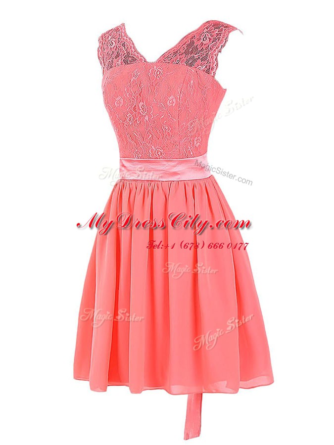 Watermelon Red Sleeveless Mini Length Lace and Sashes ribbons Zipper