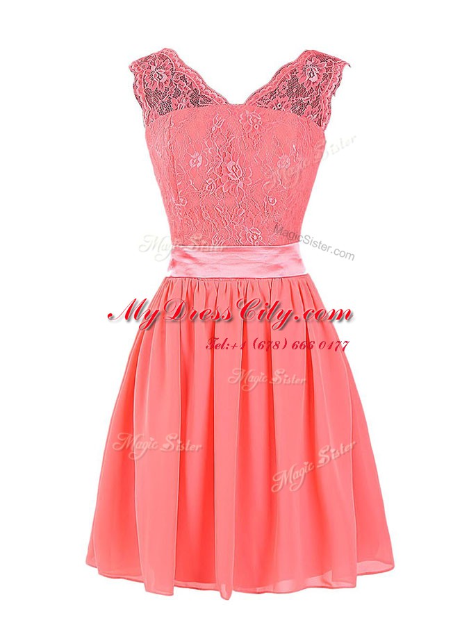 Watermelon Red Sleeveless Mini Length Lace and Sashes ribbons Zipper