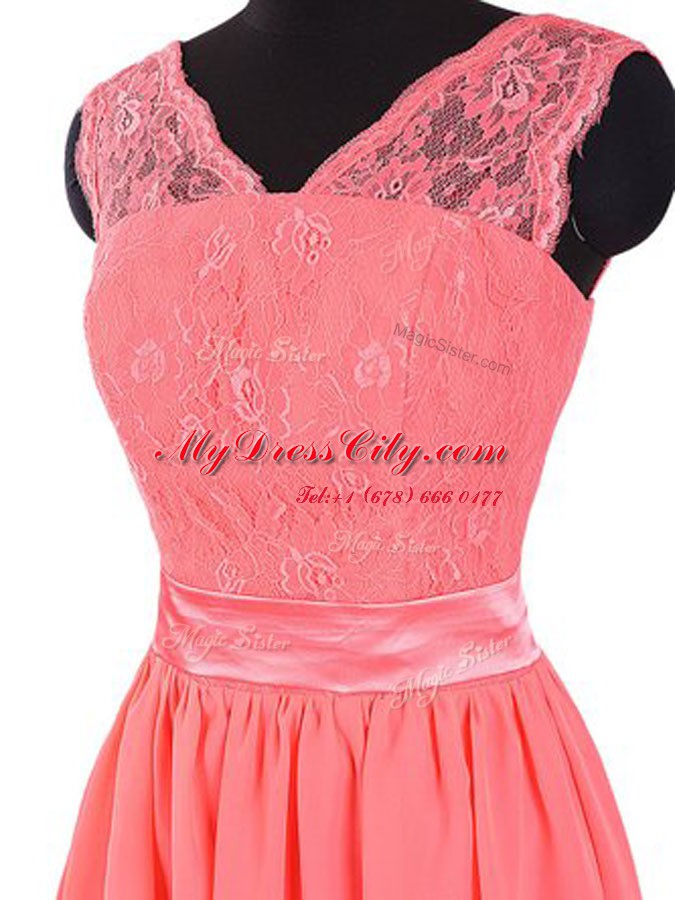 Watermelon Red Sleeveless Mini Length Lace and Sashes ribbons Zipper