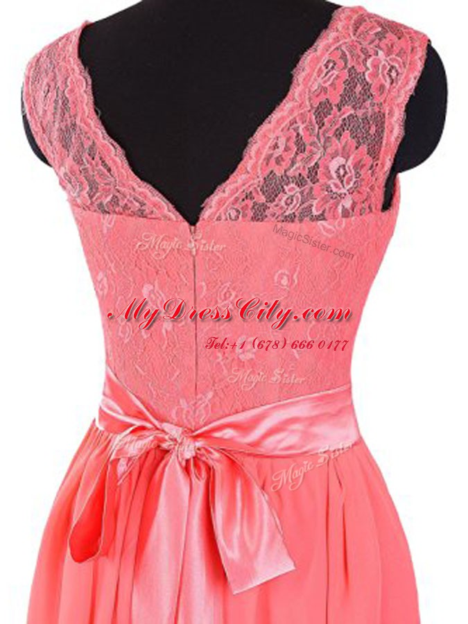 Watermelon Red Sleeveless Mini Length Lace and Sashes ribbons Zipper