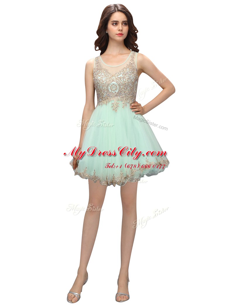 Scoop Beading and Appliques Homecoming Dress Apple Green Zipper Sleeveless Mini Length